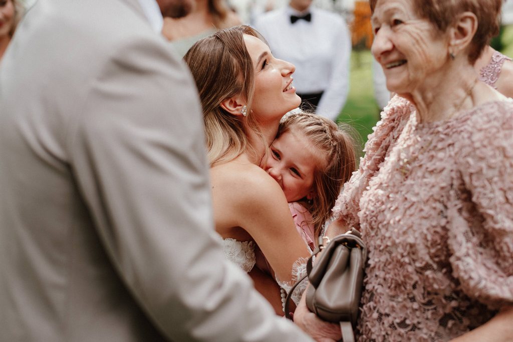 The bride hugging a close relative, wedding at Chateau Appony, Oponice