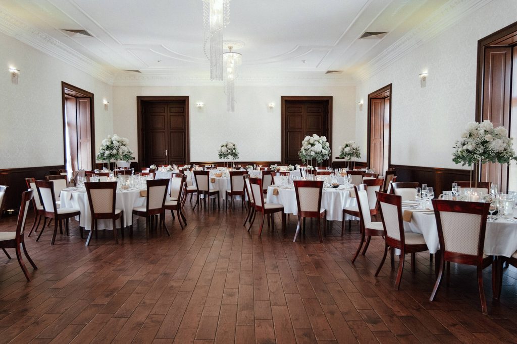 A reception hall ready for the wedding feast, wedding at Chateau Appony, Oponice