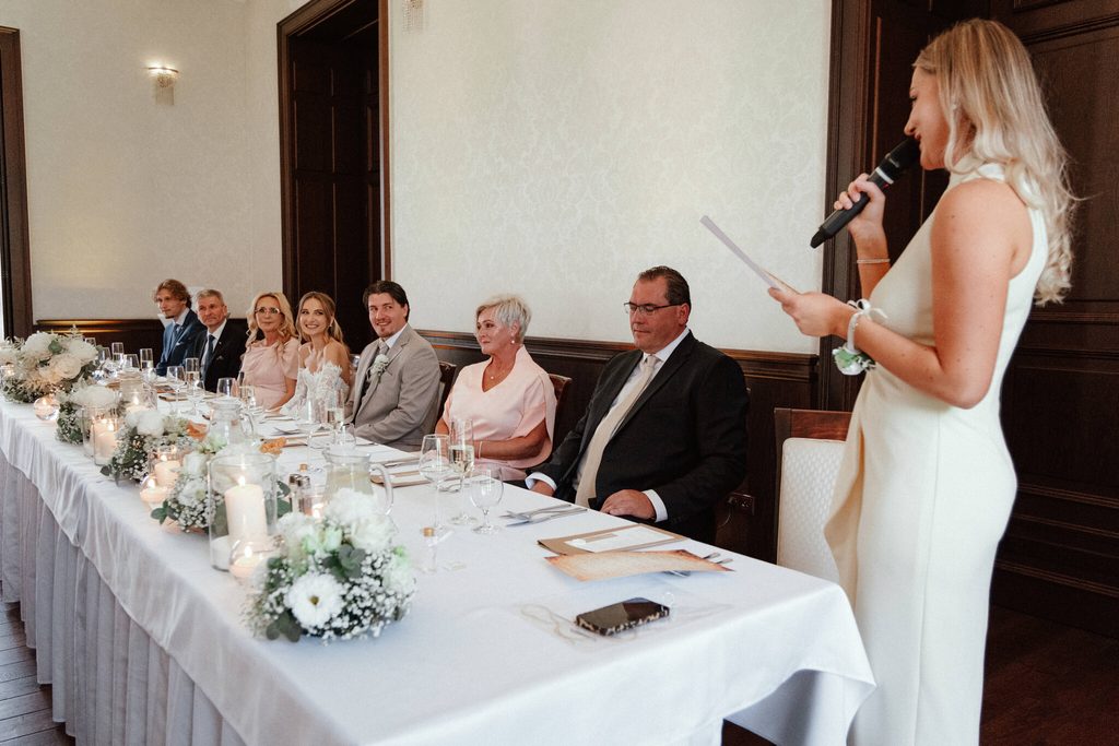 A speech during the wedding reception, wedding at Chateau Appony, Oponice