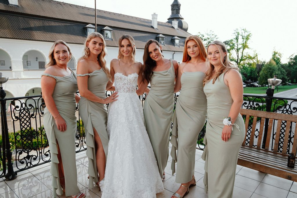 The bride with bridesmaids on the terrace, wedding at Chateau Appony, Oponice
